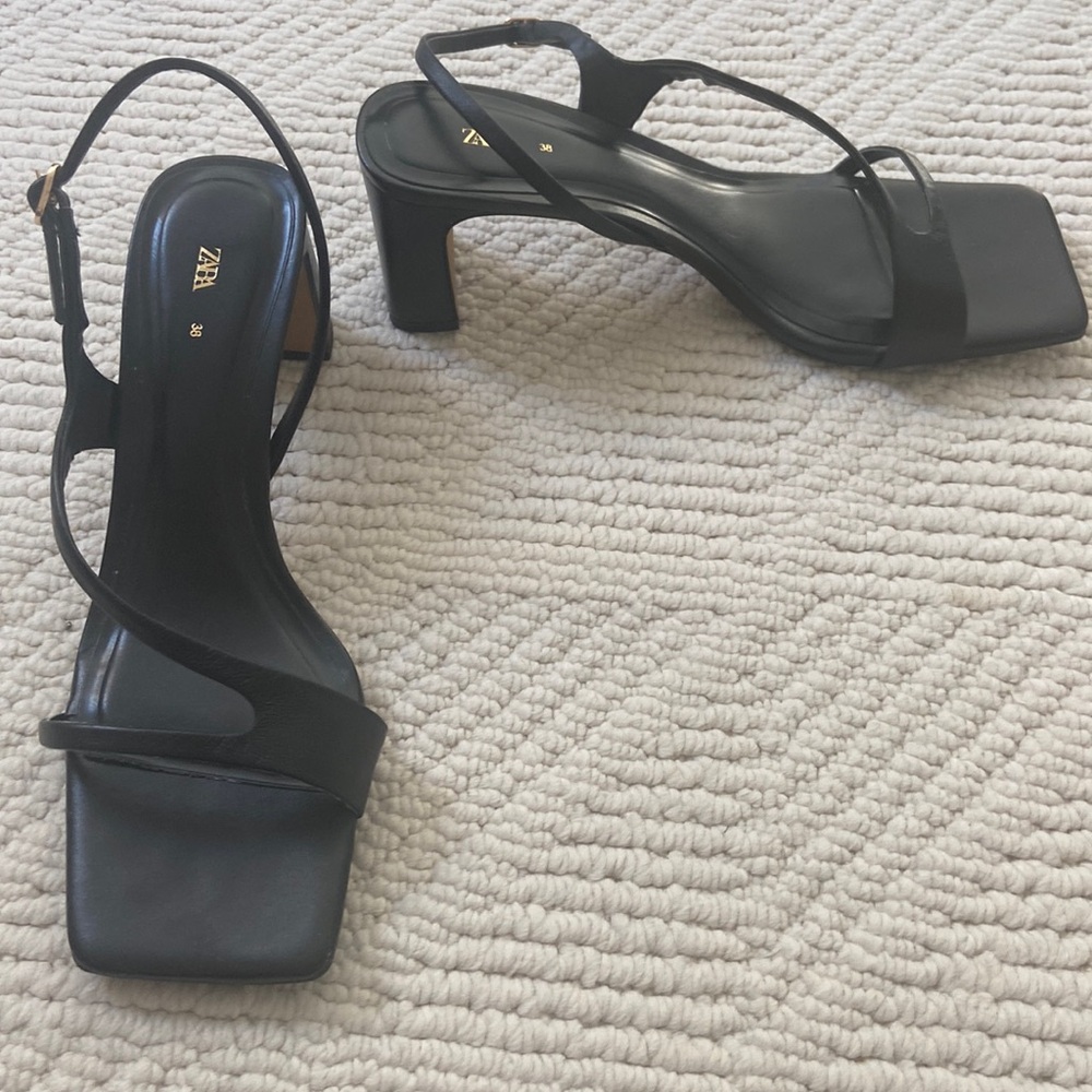Zara black square toe sandal heels 38